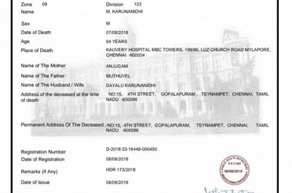 Karunanidhi death certificate released by Chennai Corporation | Tamil