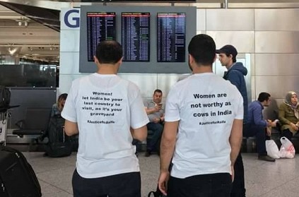 Photos of men wearing shirts promoting justice for Asifa in Turkey