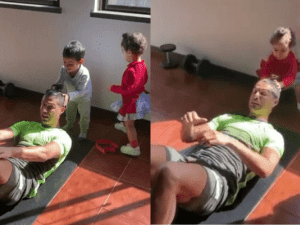 Cristiano Ronaldo works out with his children around